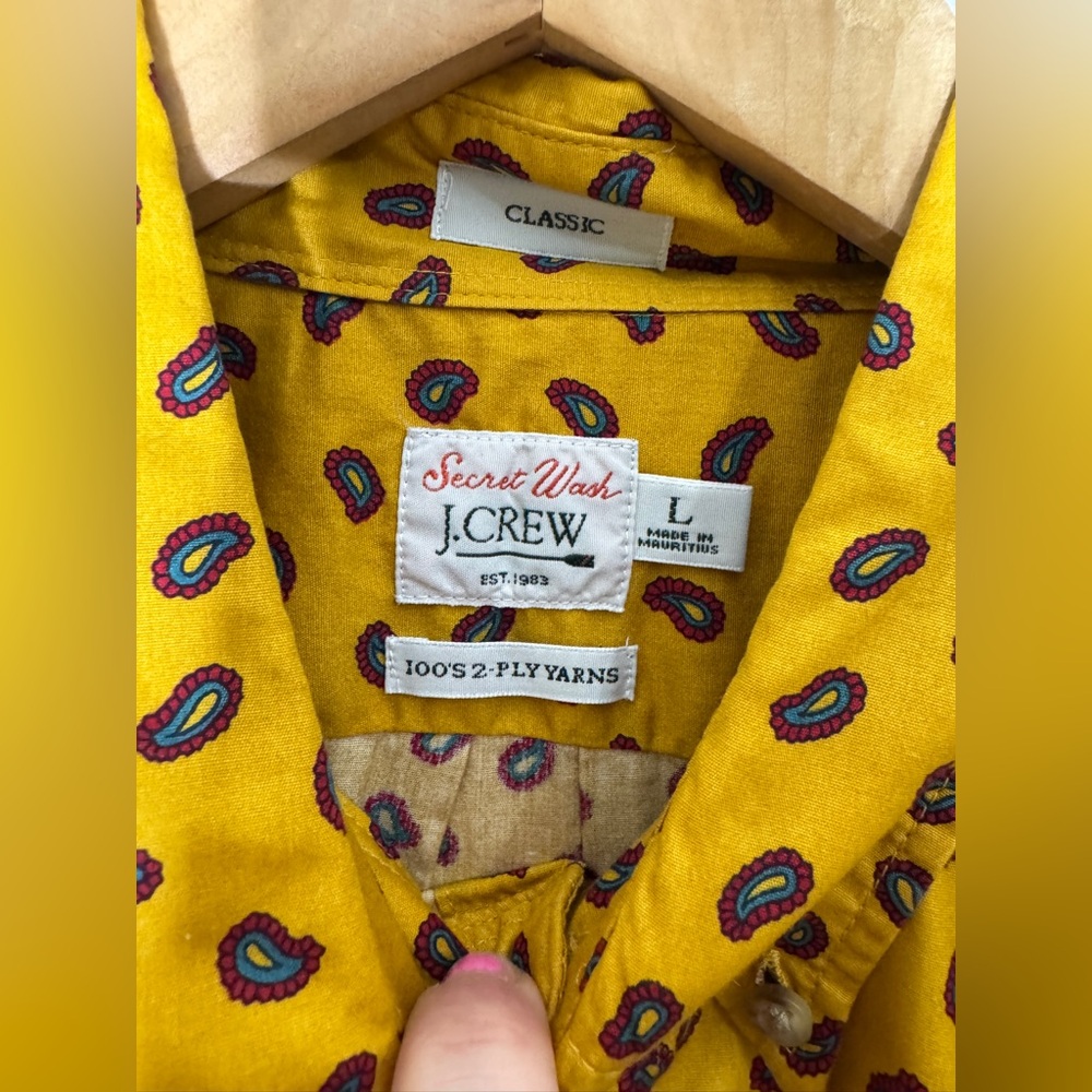 J Crew Slim‎ Secret Wash Cotton Collar Button Down Shirt Yellow Paisley Large - Picture 3 of 6